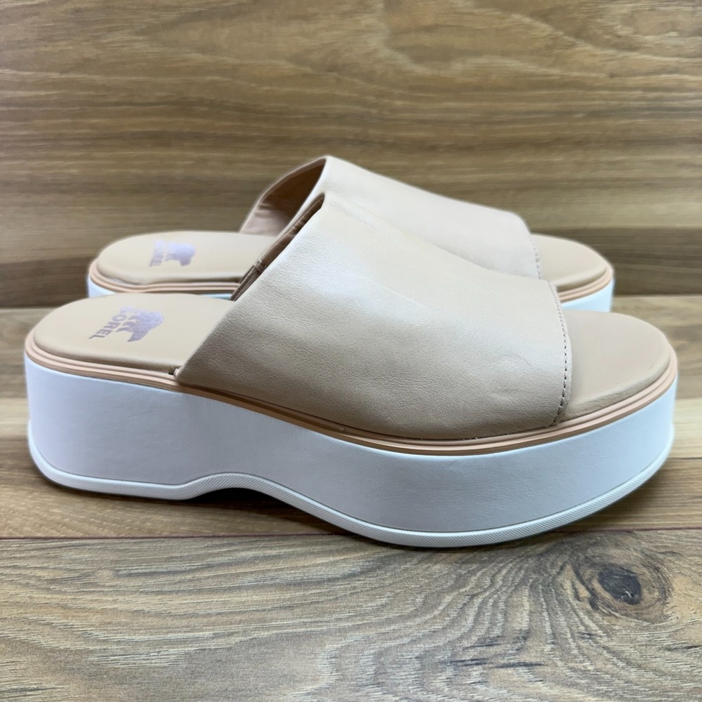 SOREL Dayspring Slide Platform Sandals Women 8.5 Beige Tan Leather Chunky